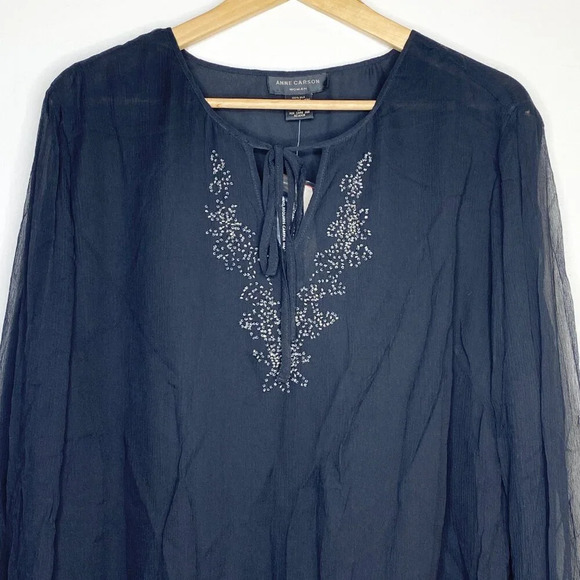 NWT Anne Carson 100% Silk Blouse 1X Beaded Embroidered Black Boho Chic Top - Picture 2 of 9